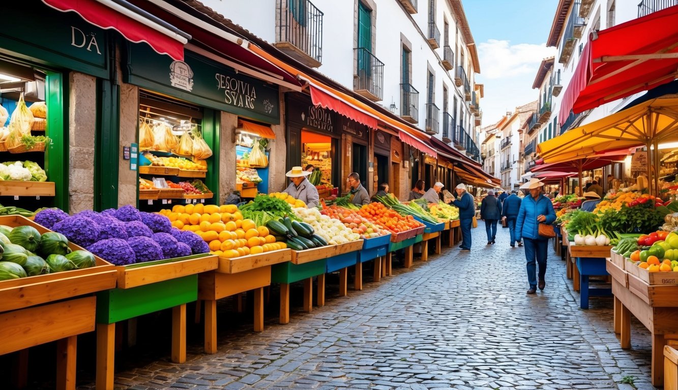 Colorful market stalls line the cobblestone streets of Segovia, Spain. The air is filled with the sounds of chatter and the scent of fresh produce and flowers