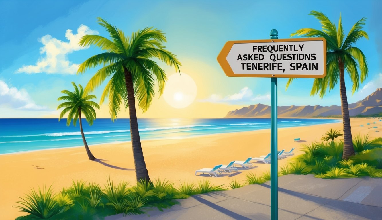 A sunny beach with palm trees and a clear blue sky, with a signpost pointing towards "Frequently Asked Questions Tenerife, Spain"