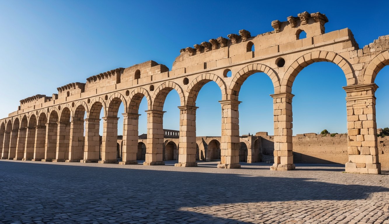 The ancient aqueduct of Segovia stands tall against a clear blue sky, with its impressive arches casting long shadows on the cobblestone streets below