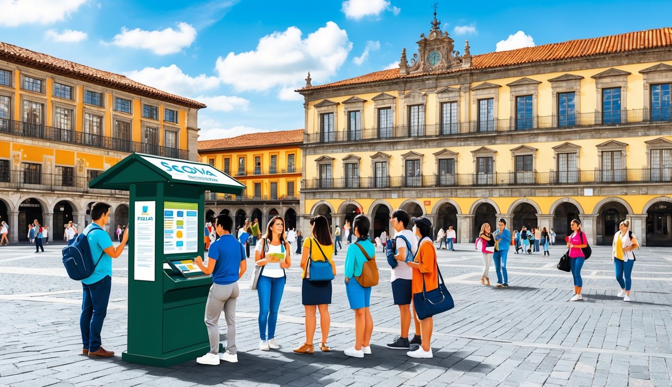 A bustling plaza in Segovia, Spain, with a historic building and a group of tourists seeking information at a Frequently Asked Questions kiosk