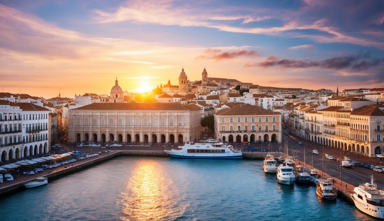 The sun sets over the ancient city of Cadiz, casting a warm glow on the historic architecture and bustling harbor