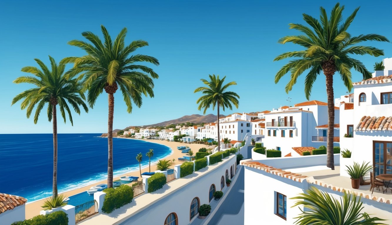 A coastal town with white buildings, palm trees, and blue sea under a clear sky