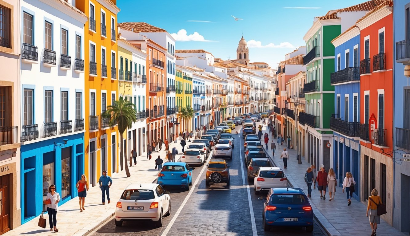 Busy streets lined with colorful buildings in Cadiz, Spain, bustling with activity and surrounded by popular districts