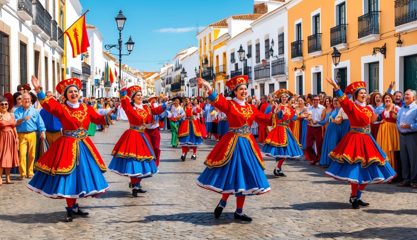 A lively street performance in Cadiz, Spain, with colorful costumes, traditional music, and enthusiastic crowds