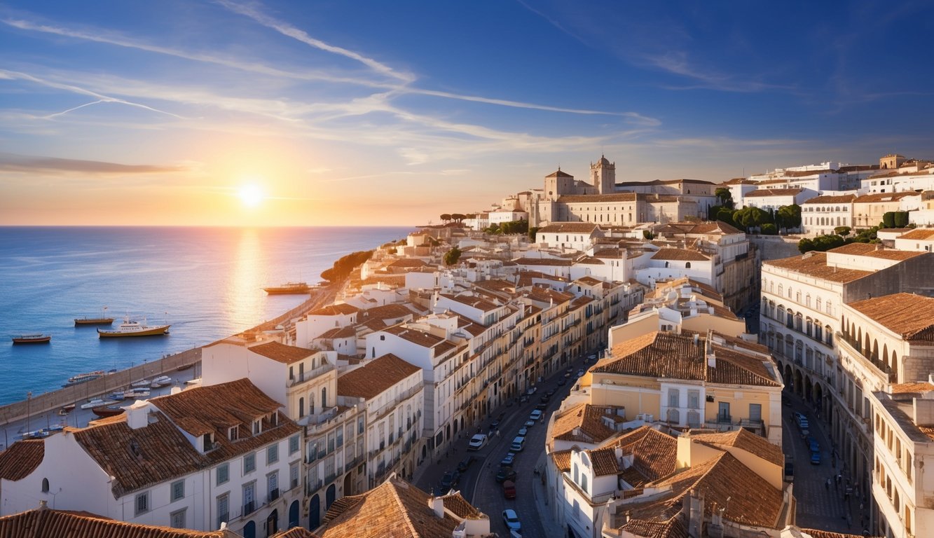 The sun sets over the historic city of Cadiz, casting a warm glow on the winding streets and ancient architecture. The Mediterranean sea glistens in the distance, as boats bob in the harbor