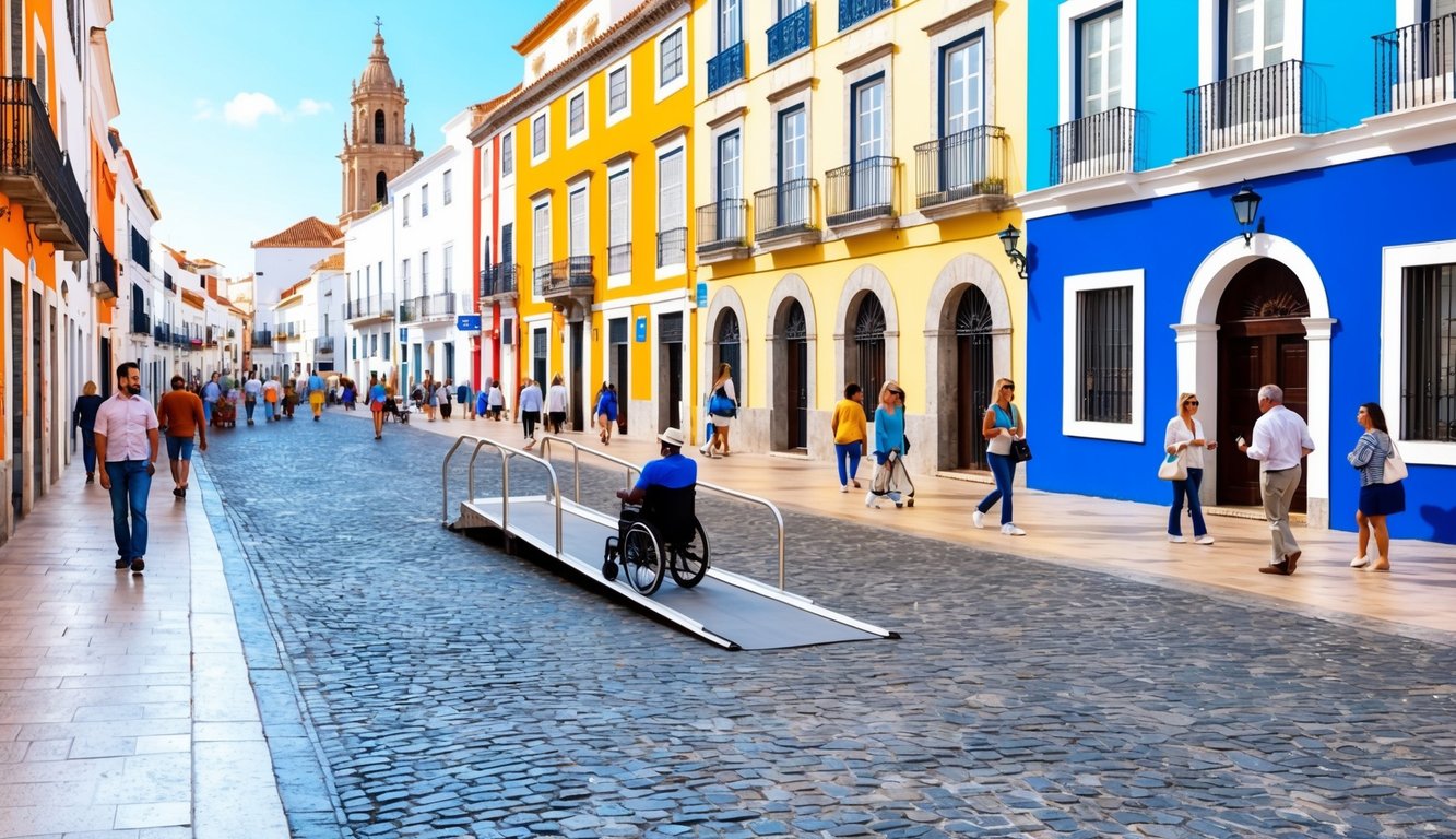 A cobblestone street in Cadiz, Spain, lined with colorful buildings and bustling with tourists and locals alike. A wheelchair ramp provides accessibility to a historic church