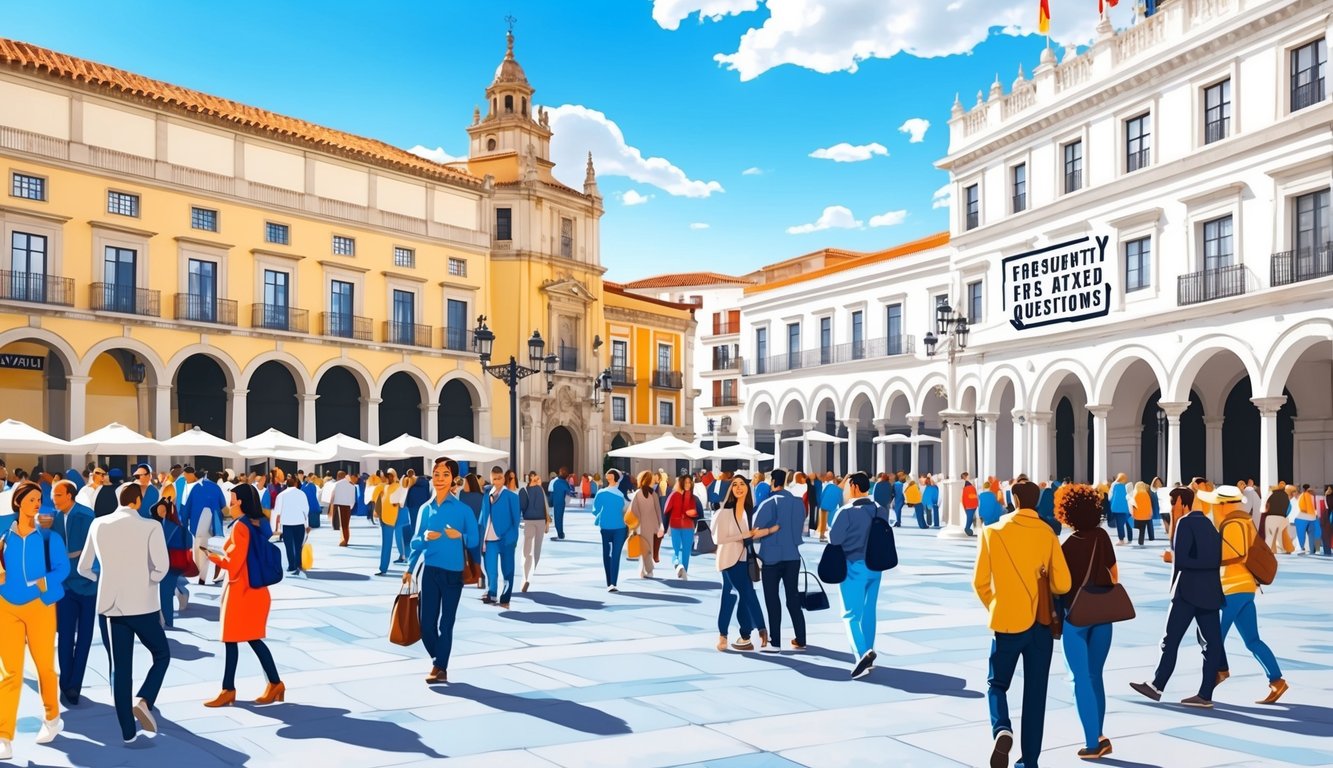 A sunny plaza in Cadiz, Spain, with a bustling crowd and a historic building with "Frequently Asked Questions" sign