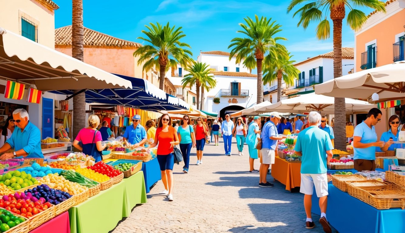 A bustling outdoor market in Palma de Mallorca, Spain, with colorful stalls, palm trees, and tourists browsing and enjoying the sunny weather