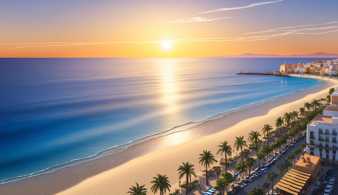 The sun sets over the calm sea, casting a warm glow on the sandy beaches and the bustling seafront of Palma de Mallorca, Spain