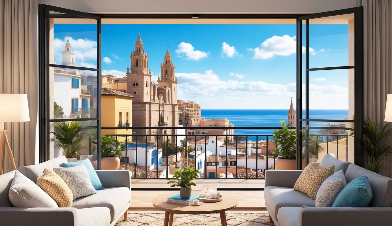 A cozy apartment in Palma de Mallorca, Spain, with a view of the city's historic architecture and the sparkling Mediterranean Sea