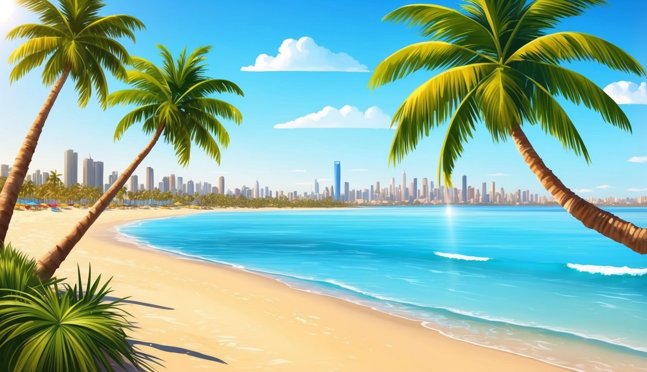 A sunny beach with palm trees, clear blue water, and a distant city skyline