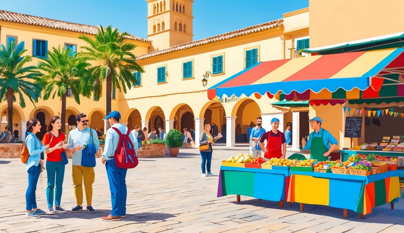 A sunny plaza in Palma de Mallorca, with a colorful market stall and tourists asking questions to a friendly local vendor