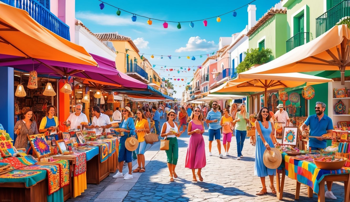 A vibrant street market in Ibiza, Spain, filled with colorful crafts, live music, and joyful people enjoying cultural and leisure activities