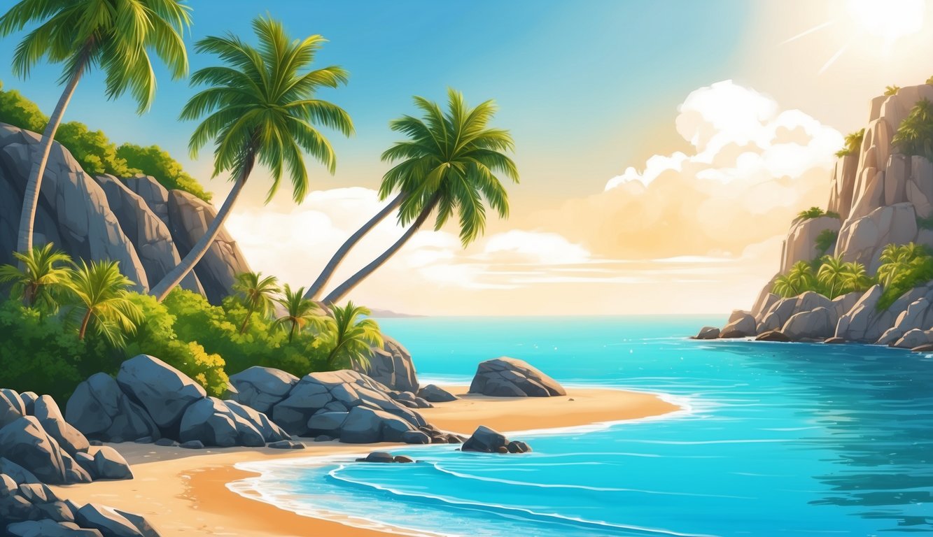 A tranquil beach with clear blue waters and palm trees, surrounded by rocky cliffs and a warm, sunny sky