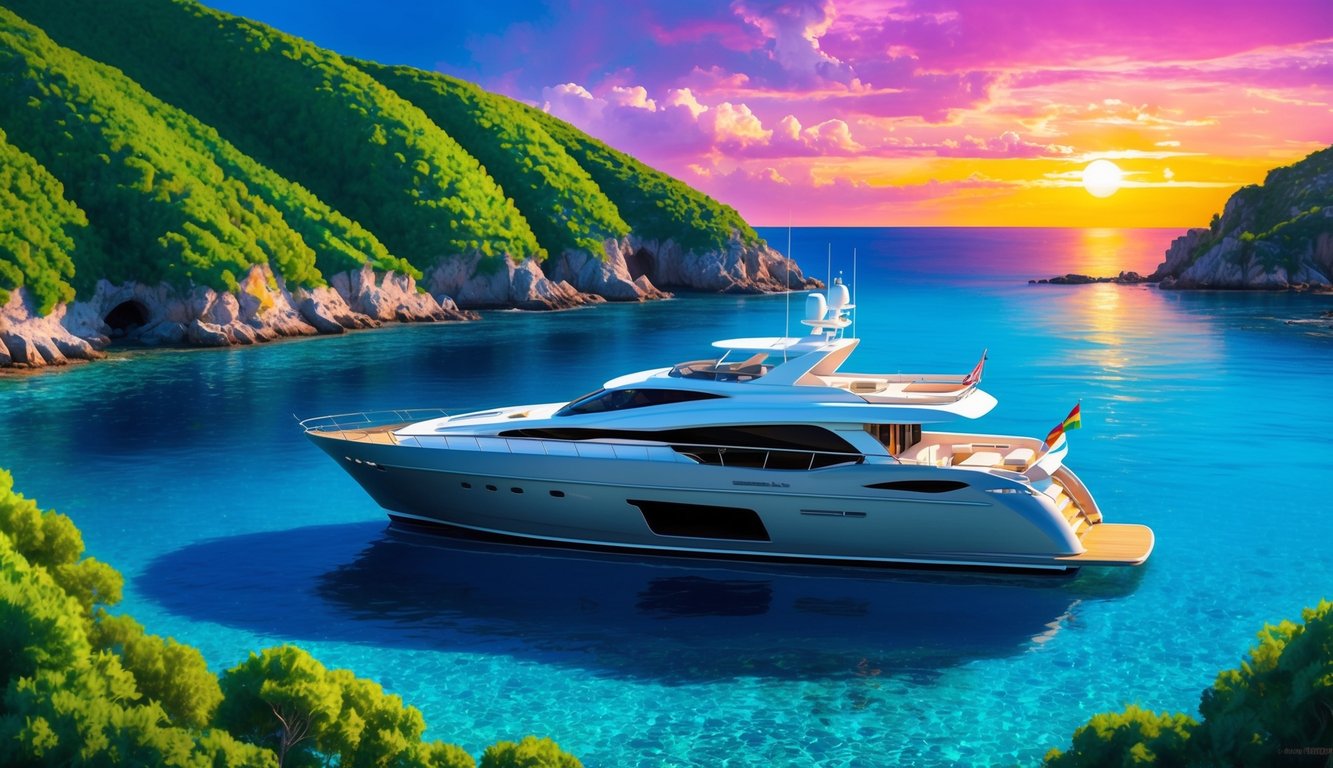 A luxurious yacht anchored in a crystal-clear cove, surrounded by lush green hills and a vibrant sunset in Ibiza, Spain