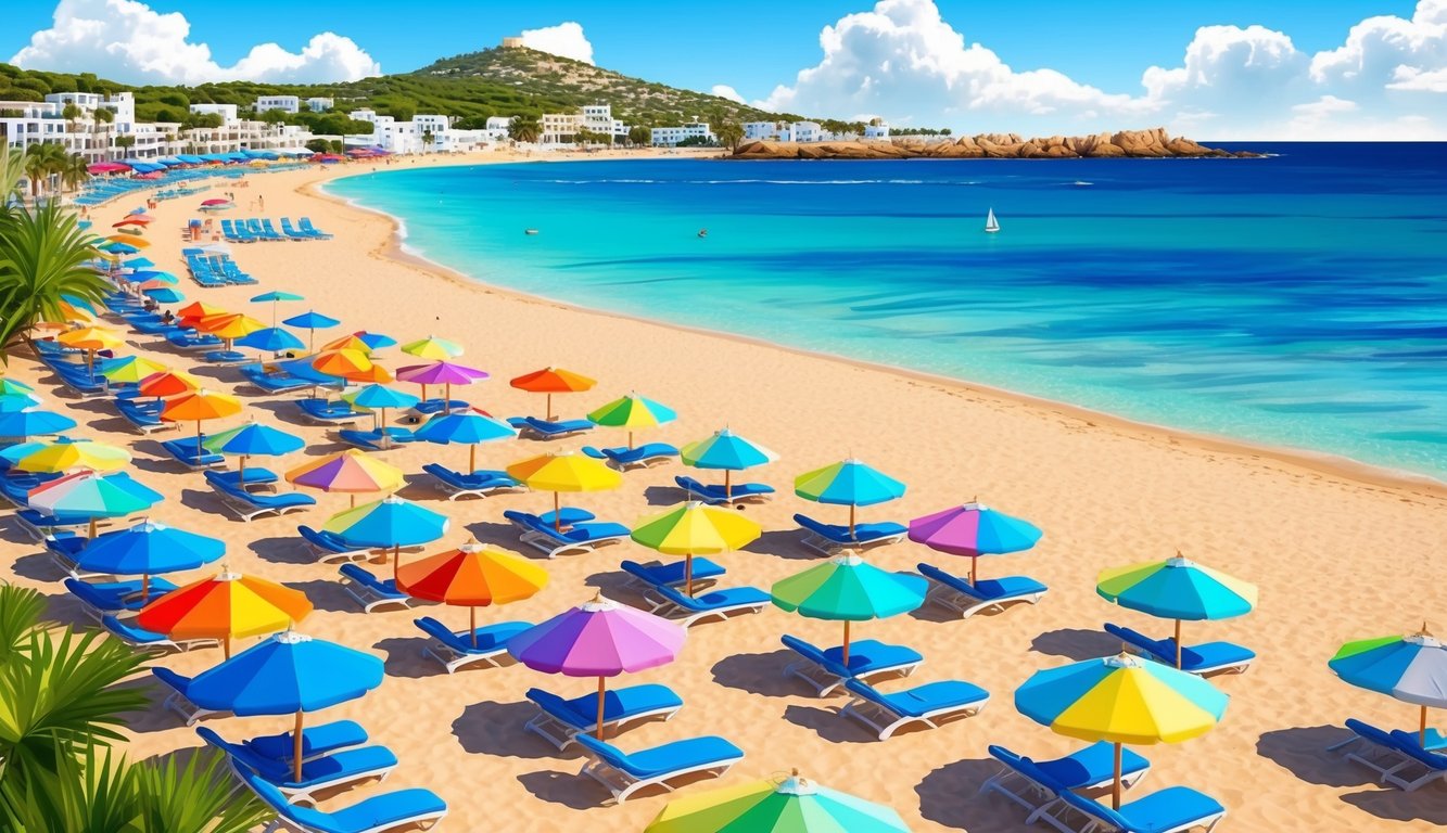 A vibrant beach lined with colorful umbrellas and lounge chairs, overlooking the crystal-clear waters of Ibiza, Spain