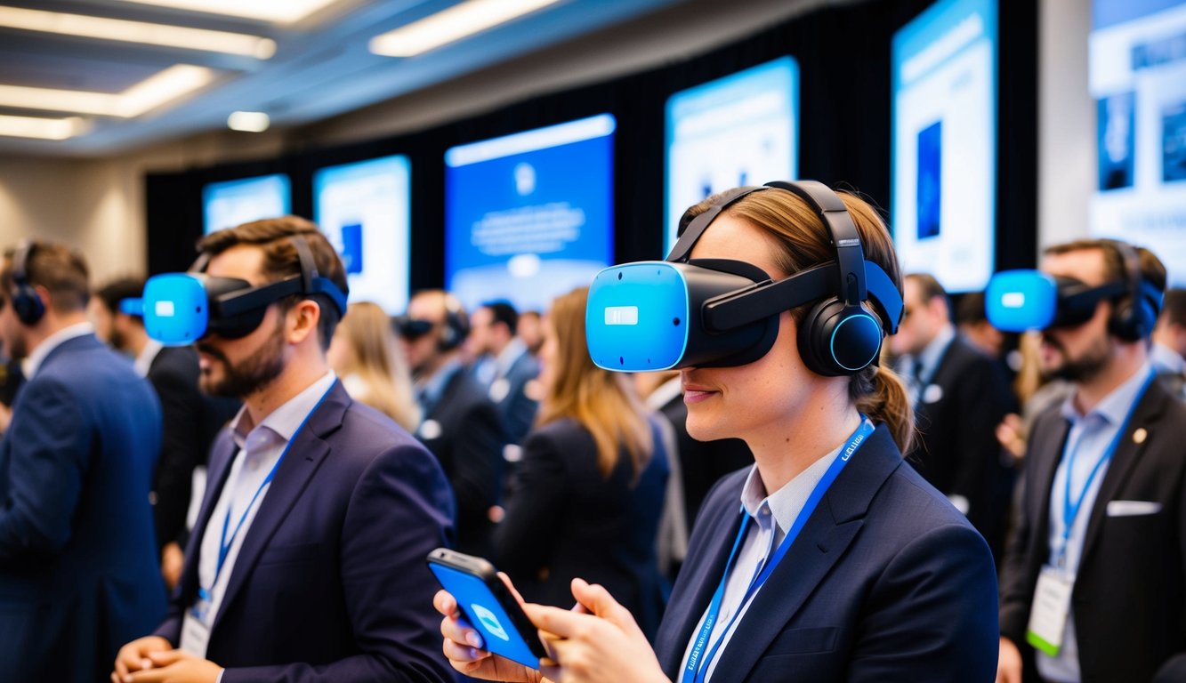 An event venue filled with people interacting with virtual reality headsets and augmented reality displays