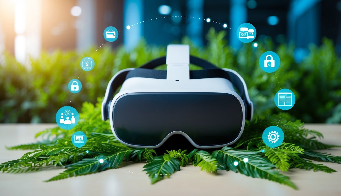 A virtual reality headset surrounded by futuristic technology and greenery, symbolizing the intersection of security and sustainability in event technology