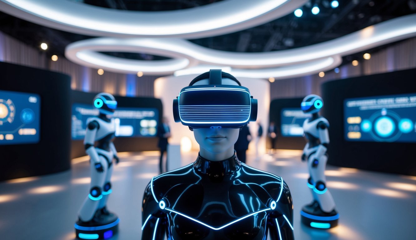 A futuristic event venue with virtual reality headsets, AI robots, and holographic displays