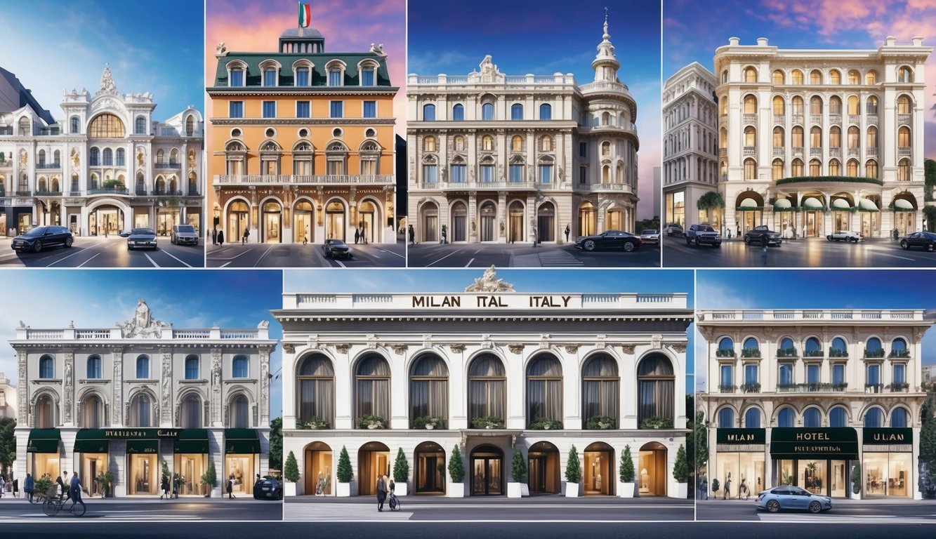 Seven luxurious hotels in Milan, Italy, each with unique architecture and grand entrances, surrounded by bustling city streets and elegant storefronts