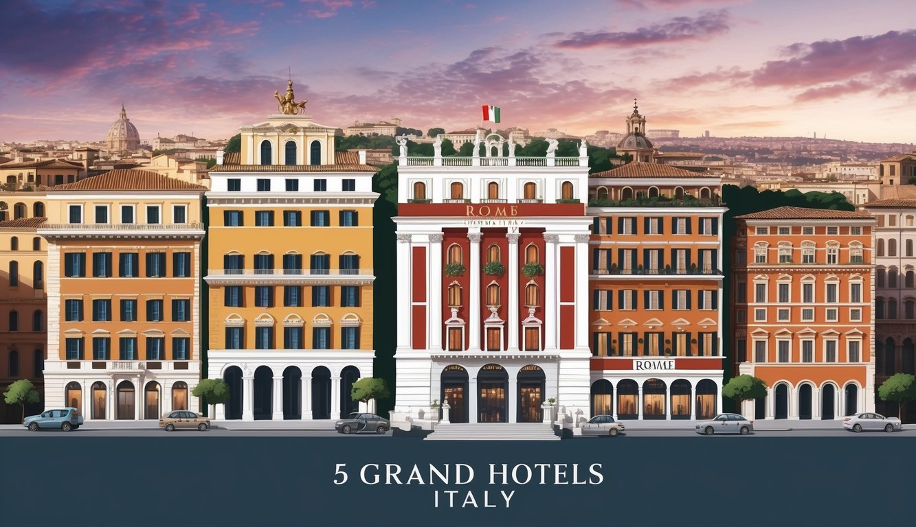 A picturesque view of 5 grand hotels in Rome, Italy, each uniquely designed and set against the backdrop of the historic cityscape