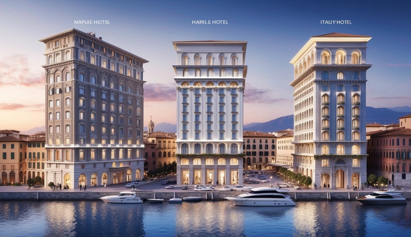 Three grand hotels in Naples, Italy stand tall against the backdrop of the city's historic architecture, each boasting unique designs and luxurious amenities