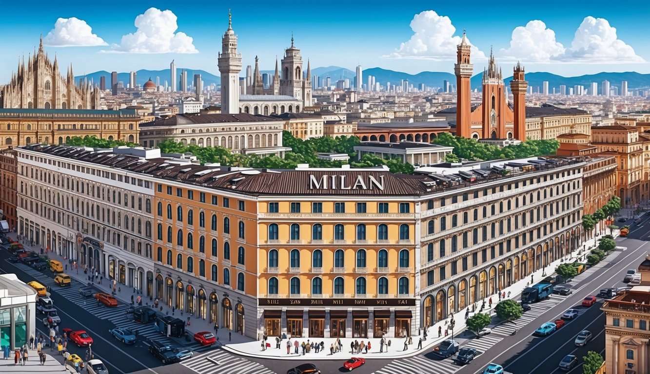 A bustling cityscape with 7 prominent hotels in Milan, Italy, surrounded by bustling streets and iconic architecture