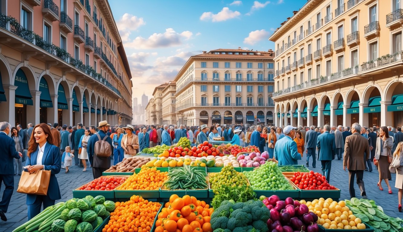 A bustling market with colorful produce and bustling crowds, surrounded by elegant, upscale hotels in Milan, Italy