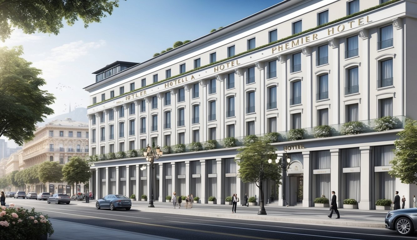 A row of elegant, modern buildings in Milan, Italy, each bearing the name of a premier hotel, with bustling city streets and lush greenery in the background