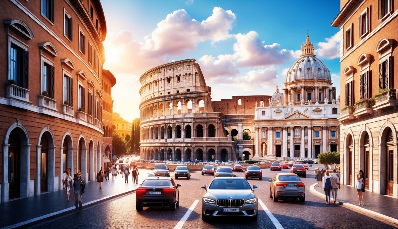 A bustling street with iconic Roman landmarks like the Colosseum and Vatican City near luxurious hotels