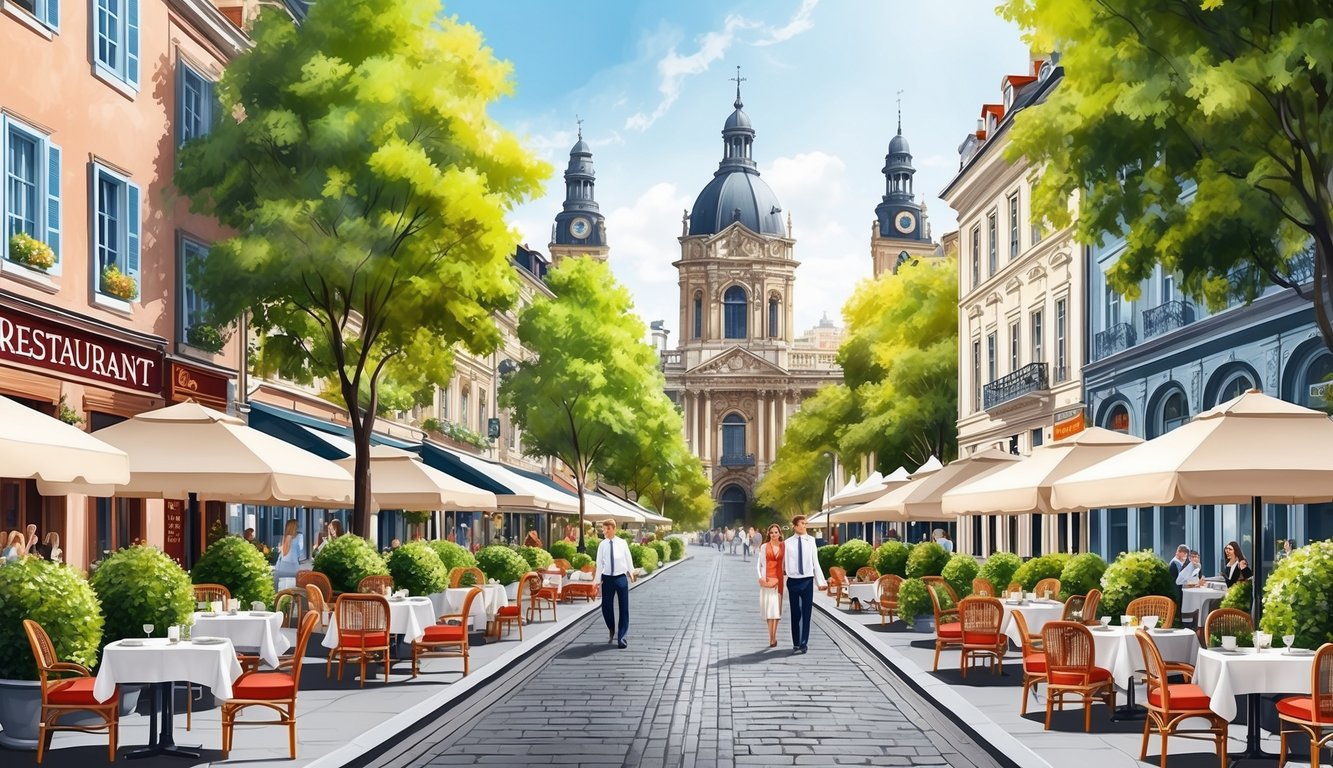 A bustling city street lined with charming outdoor cafes and elegant restaurants, set against the backdrop of historic architecture and vibrant greenery