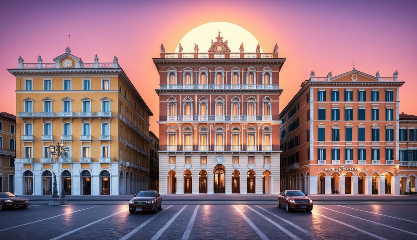 The sun sets over the grand facades of three historic hotels in Naples, each exuding old-world charm and luxury