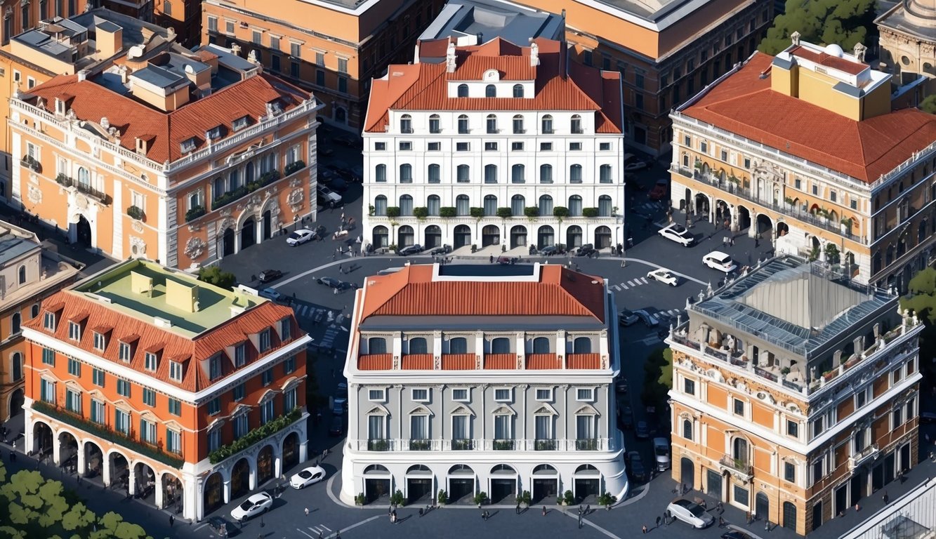 An aerial view of five distinct hotels in Rome, Italy, each with unique architectural features and surrounded by bustling city streets and historical landmarks