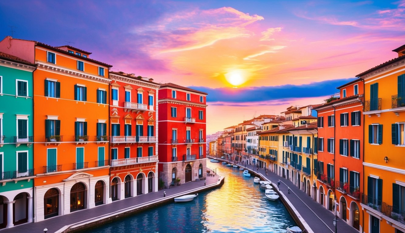 The sun sets over the charming streets and colorful buildings surrounding three luxurious hotels in Naples, Italy