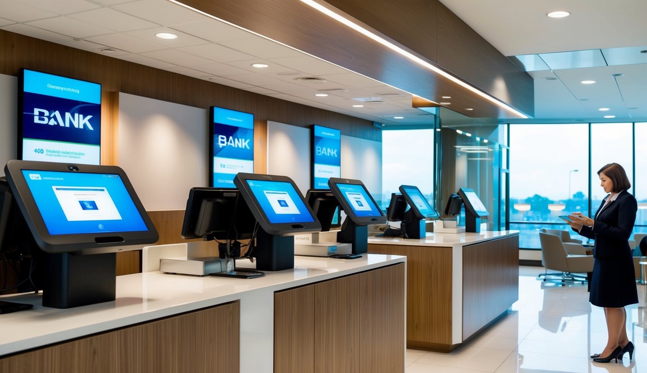 A modern bank branch with digital kiosks, interactive screens, and seamless customer service