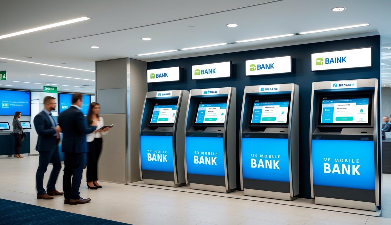 A modern, sleek bank branch with digital kiosks, mobile app ads, and customers interacting with touchscreens