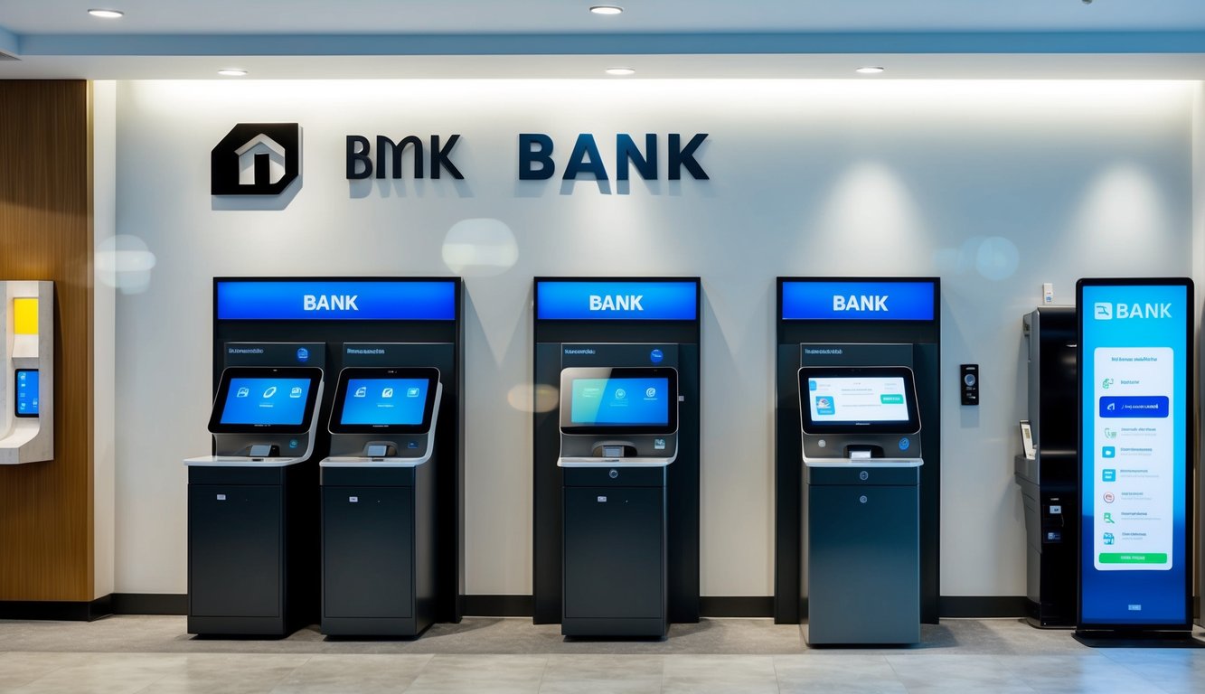 A modern bank branch with digital kiosks, mobile app displays, and interactive customer service stations