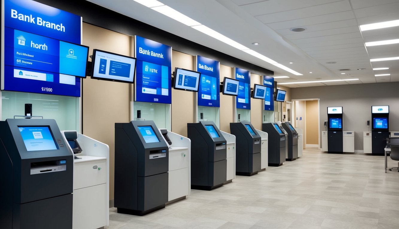 A modern bank branch with digital kiosks, mobile app displays, and interactive customer service stations