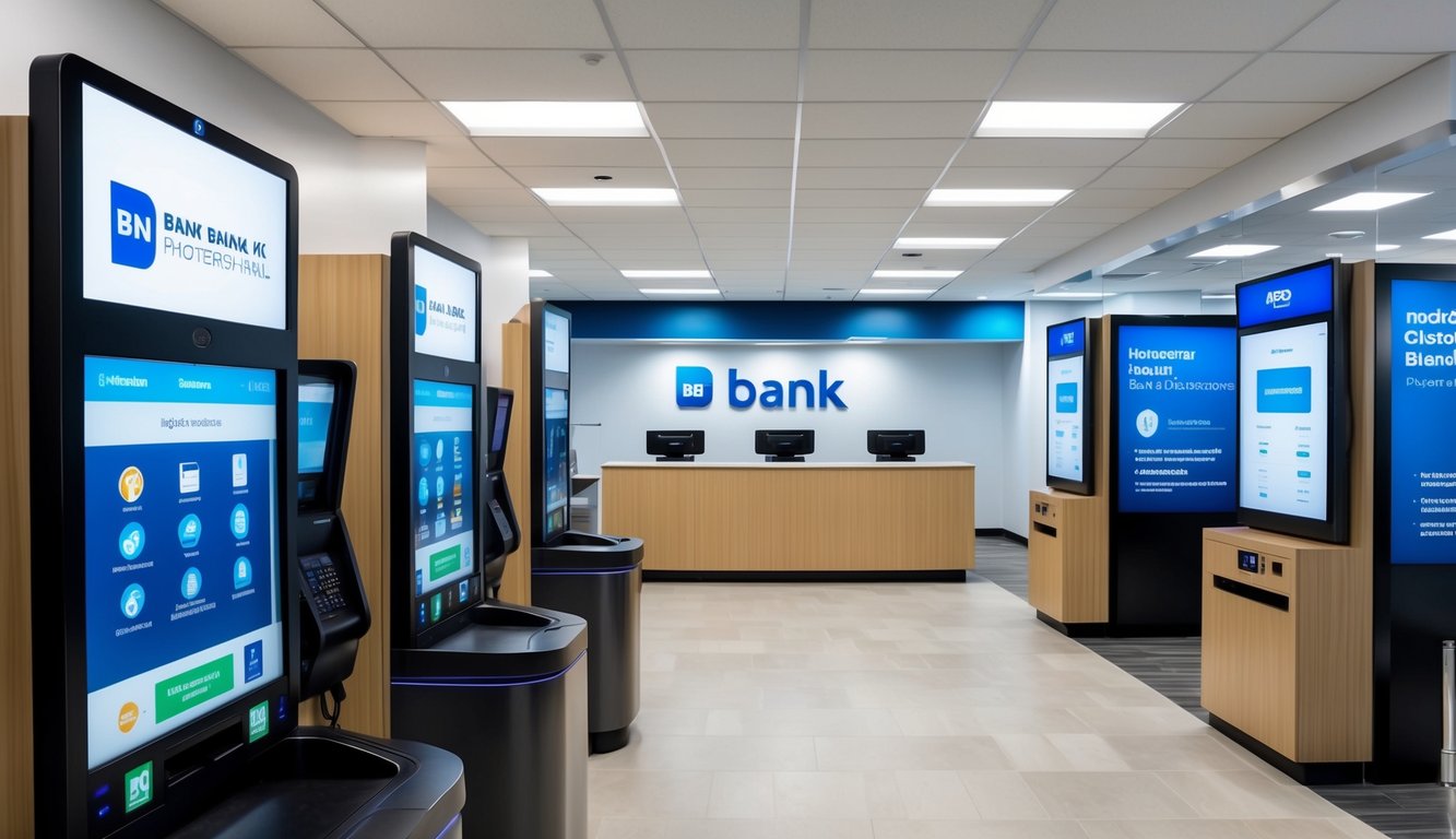 A modern bank branch with digital kiosks, mobile banking displays, and interactive customer service stations