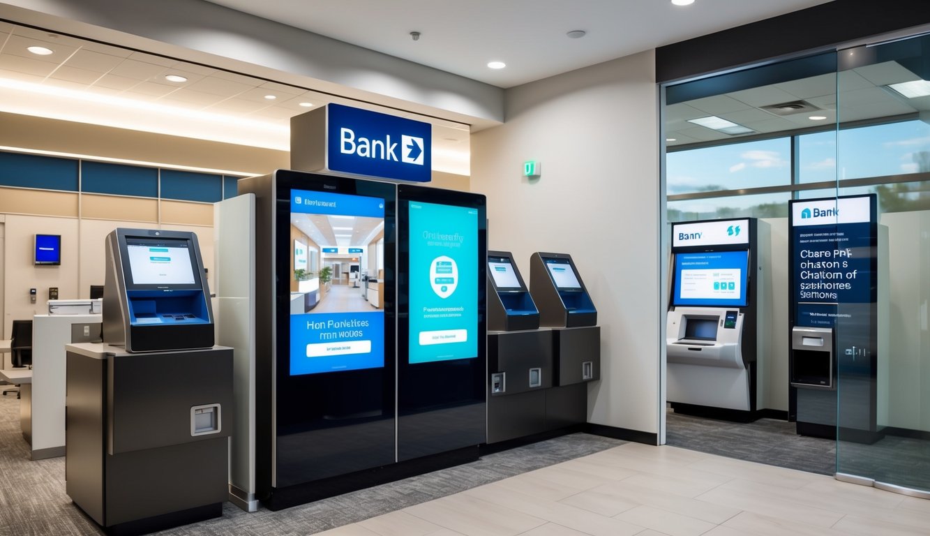 A modern bank branch with digital kiosks, mobile app advertisements, and interactive customer service stations