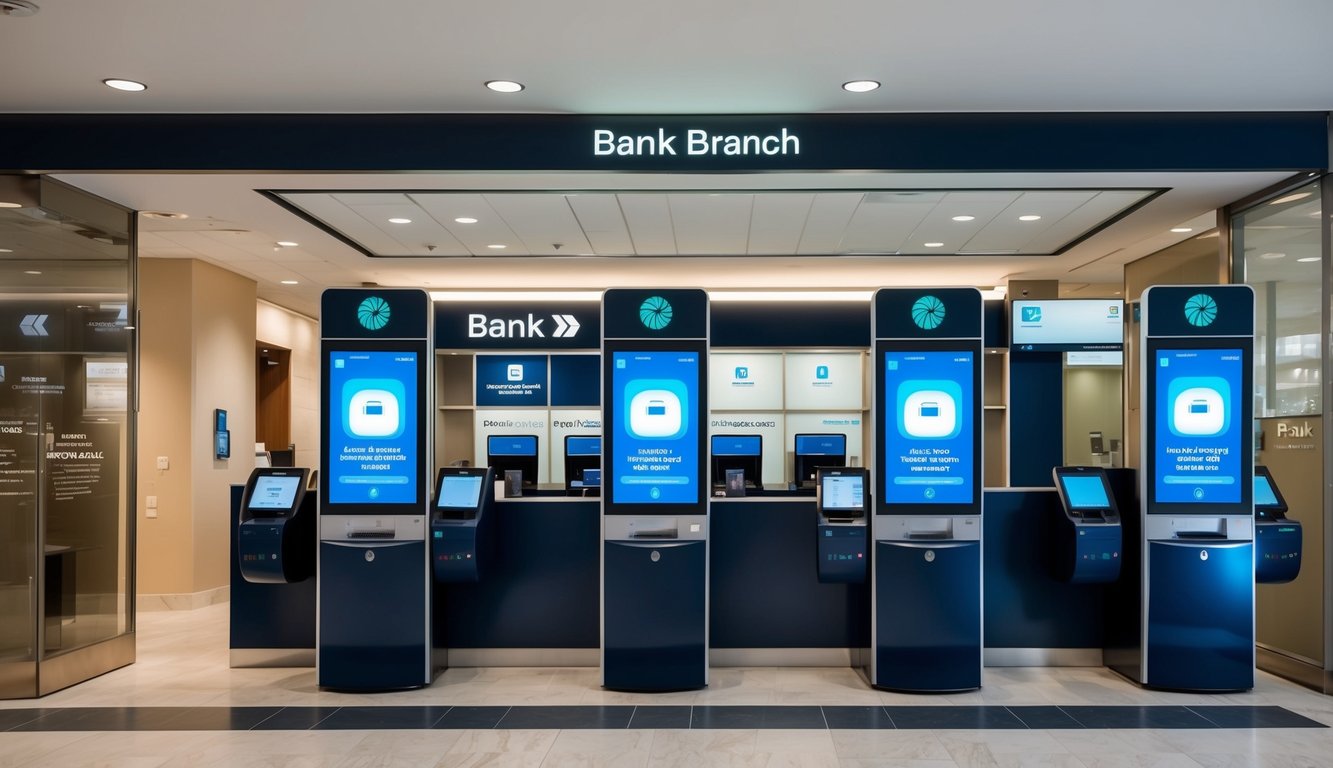 A modern bank branch with digital kiosks, mobile app ads, and interactive customer service stations