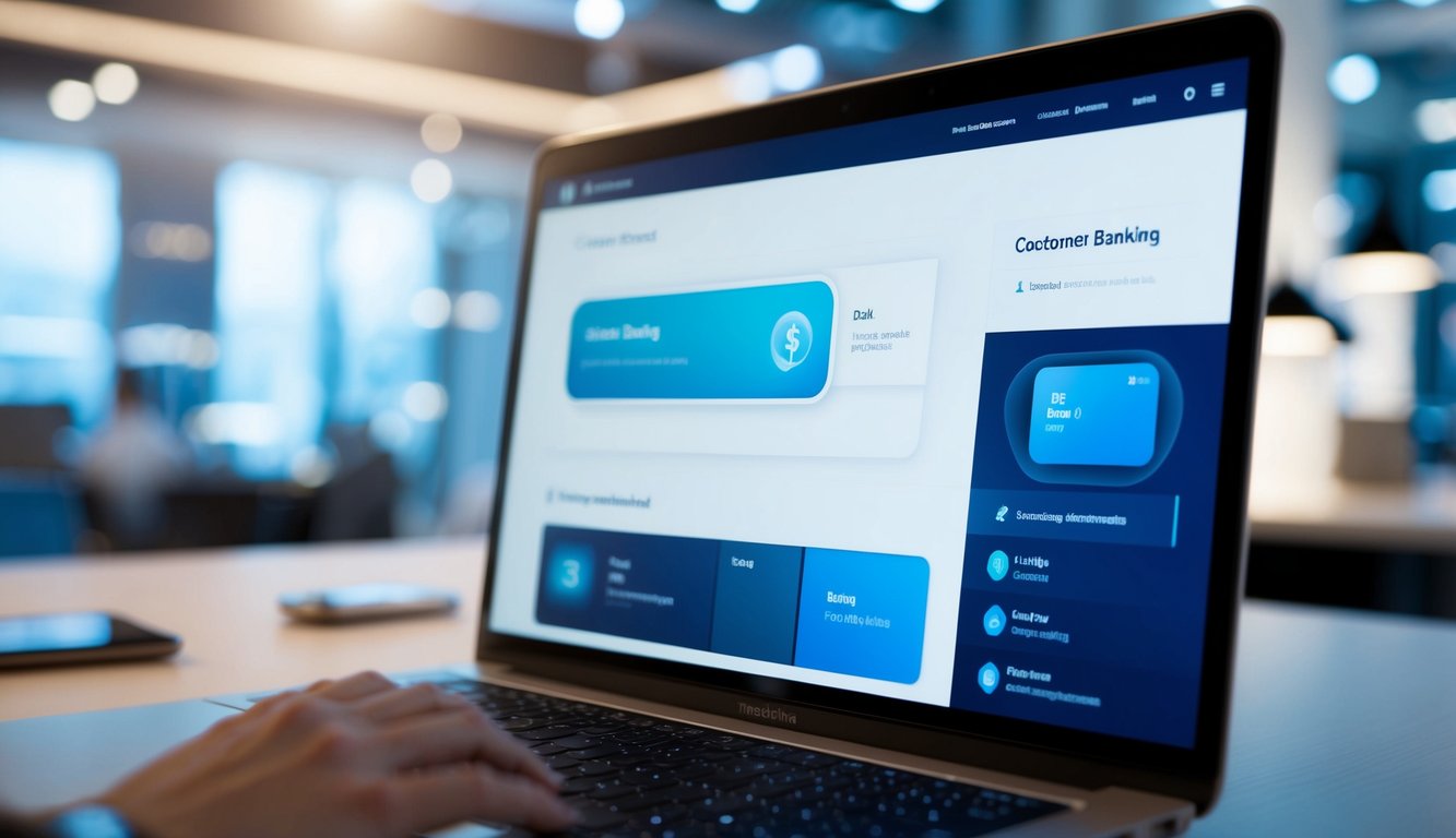 A futuristic digital banking interface with sleek, modern design and interactive features, showcasing seamless customer experience
