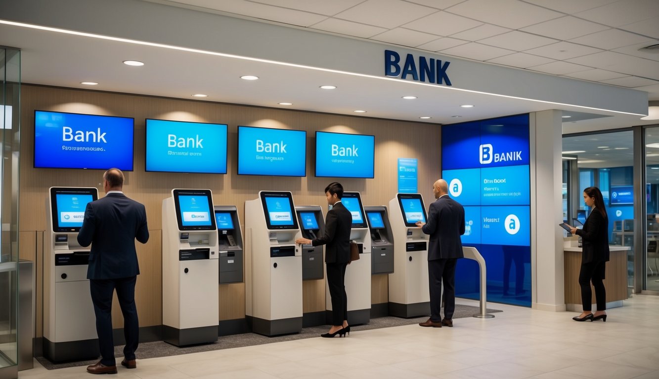 A modern bank branch with digital screens, self-service kiosks, and customers interacting with technology for various banking services