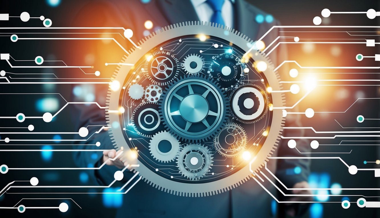 A network of interconnected gears and circuits merging with traditional tools and technologies