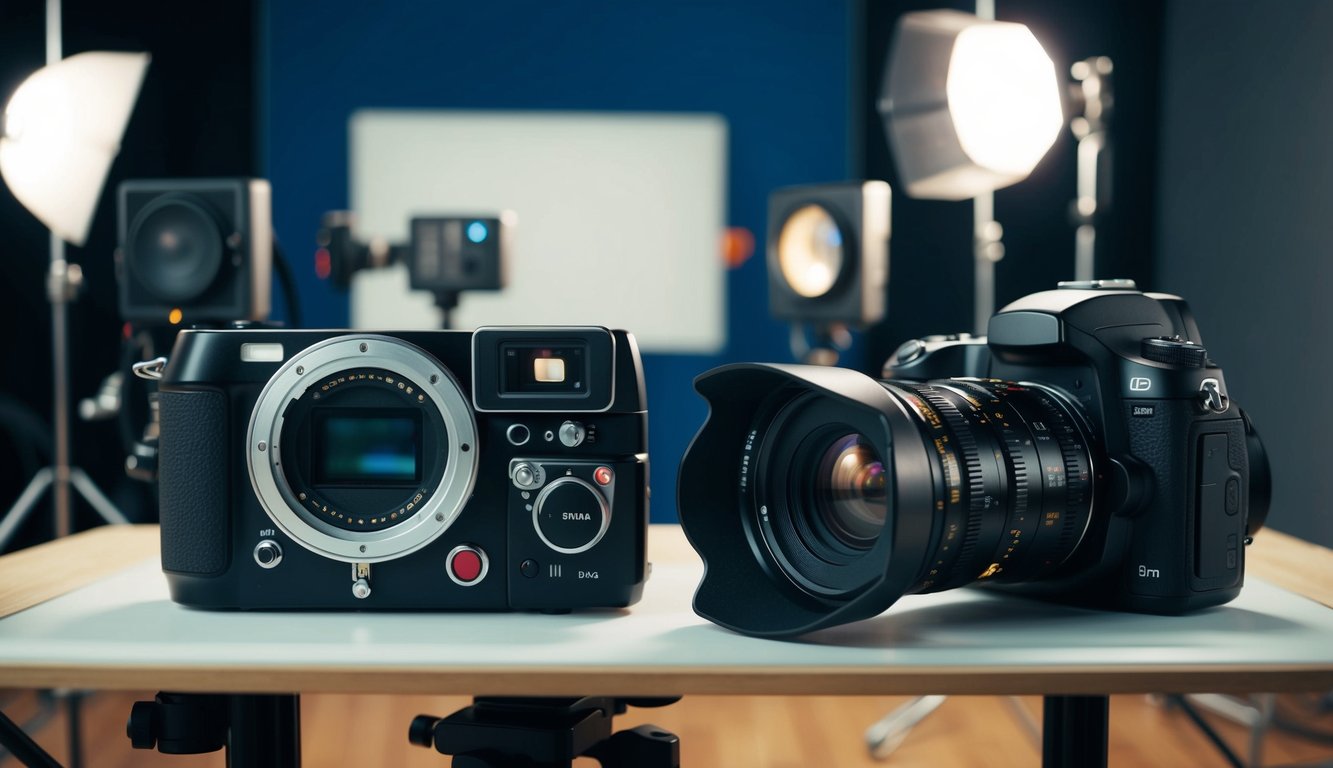 A film camera and a digital camera side by side on a studio set, with lighting equipment and sound recording devices in the background