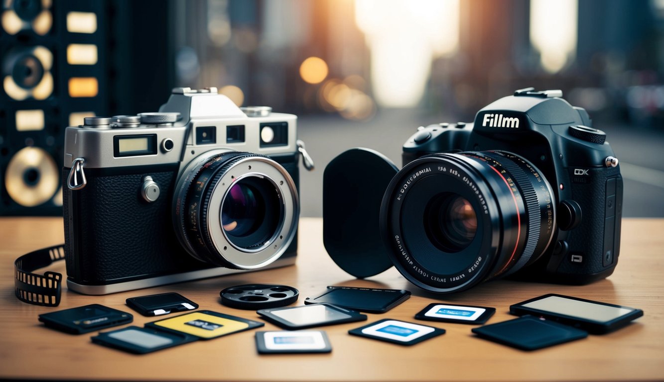 A film camera and a digital camera side by side, with film reels and memory cards scattered around, showcasing the evolution of filmmaking technology