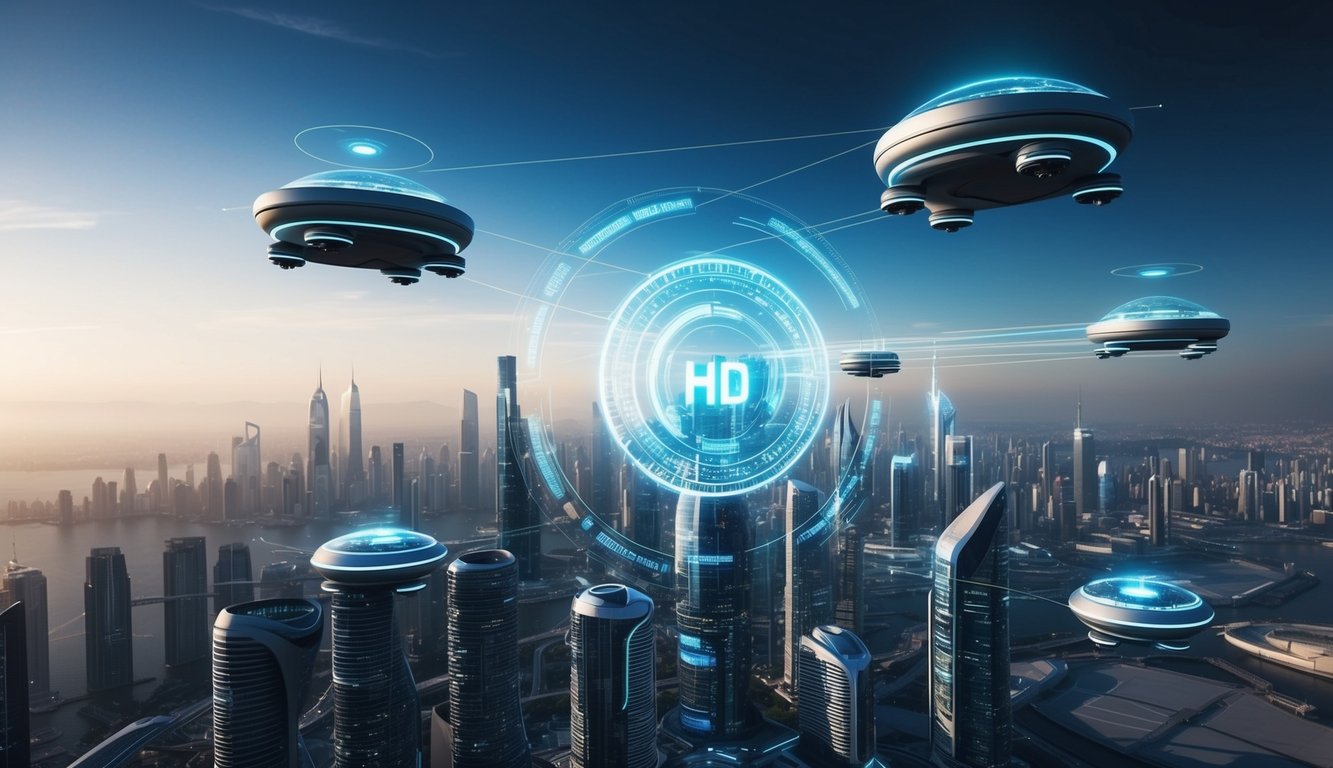 A futuristic cityscape with holographic displays and flying vehicles, showcasing the integration of advanced visual effects in film and television production