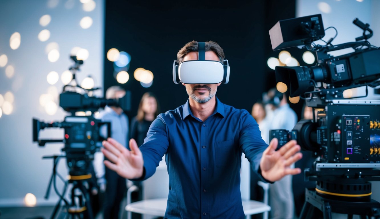 A director wearing a virtual reality headset, surrounded by CGI models and film equipment