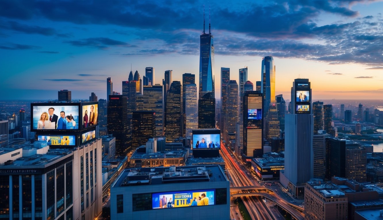 A bustling city skyline with digital screens displaying various film and television productions, surrounded by advanced technology and streaming platforms