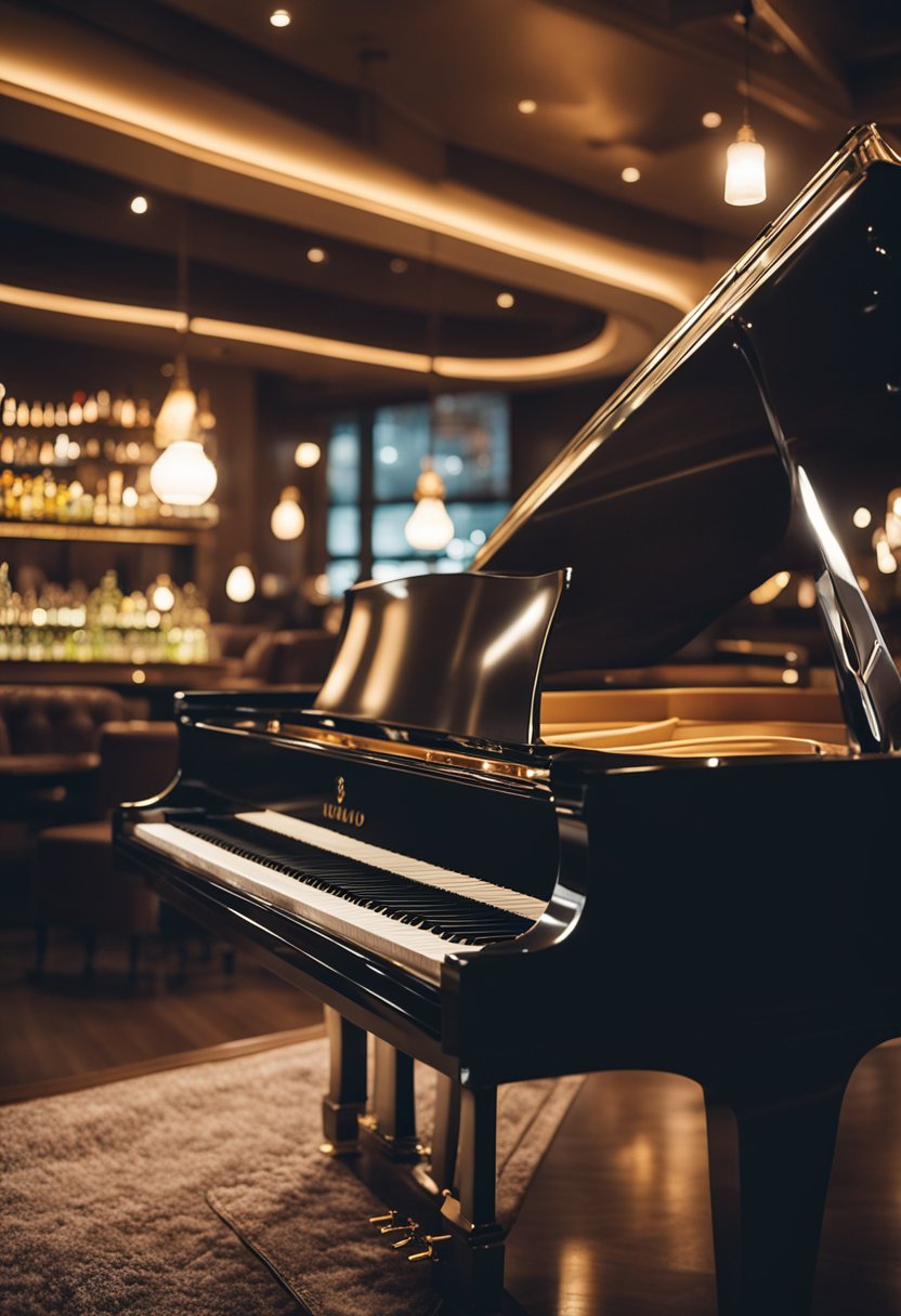 A dimly lit piano bar in Waco, Texas, with a grand piano as the focal point, surrounded by cozy seating and soft, warm lighting